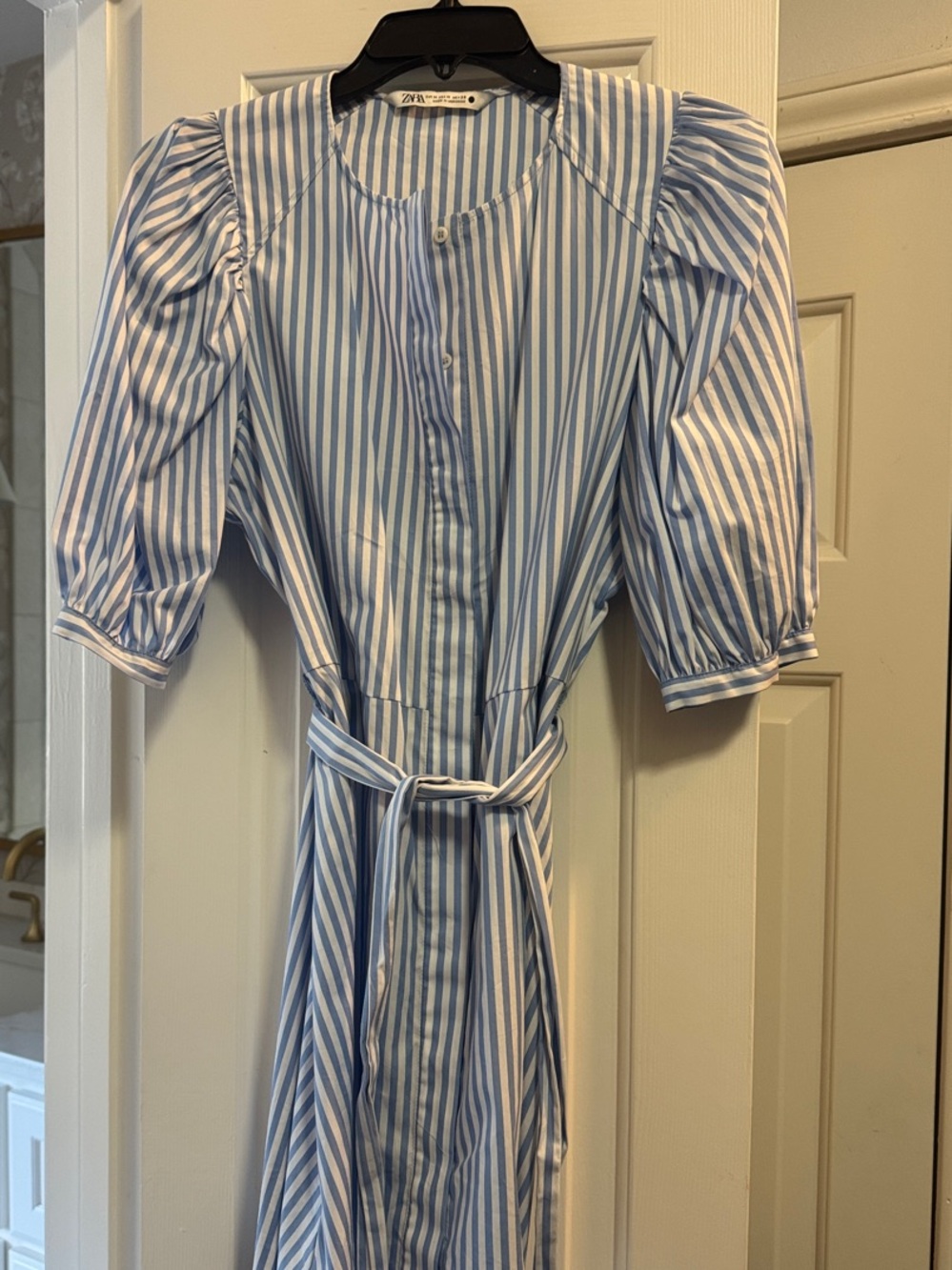 Zara Blue and White Striped Belted Puff Sleeve Dress